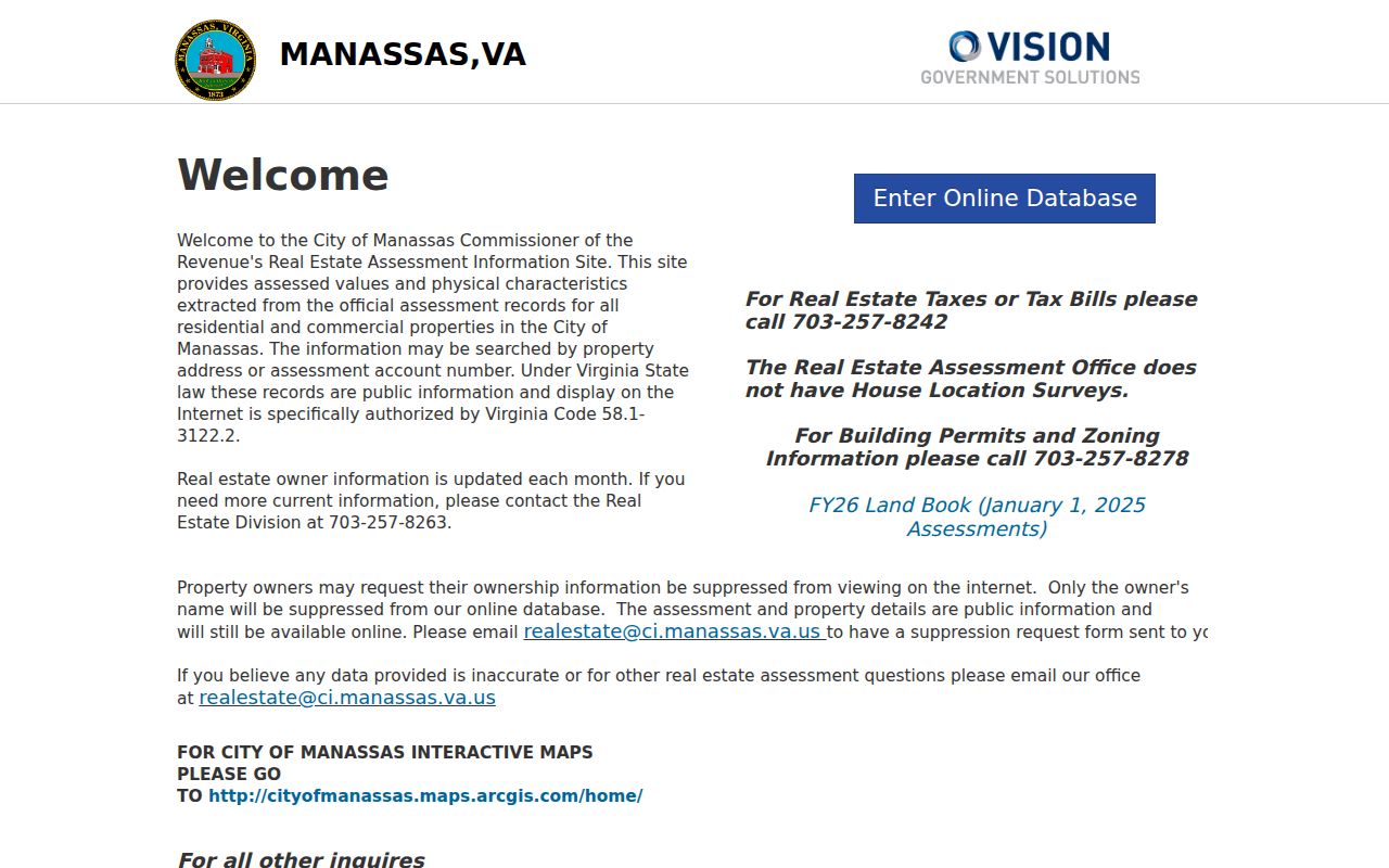 Manassas residents directory assessment search landing page