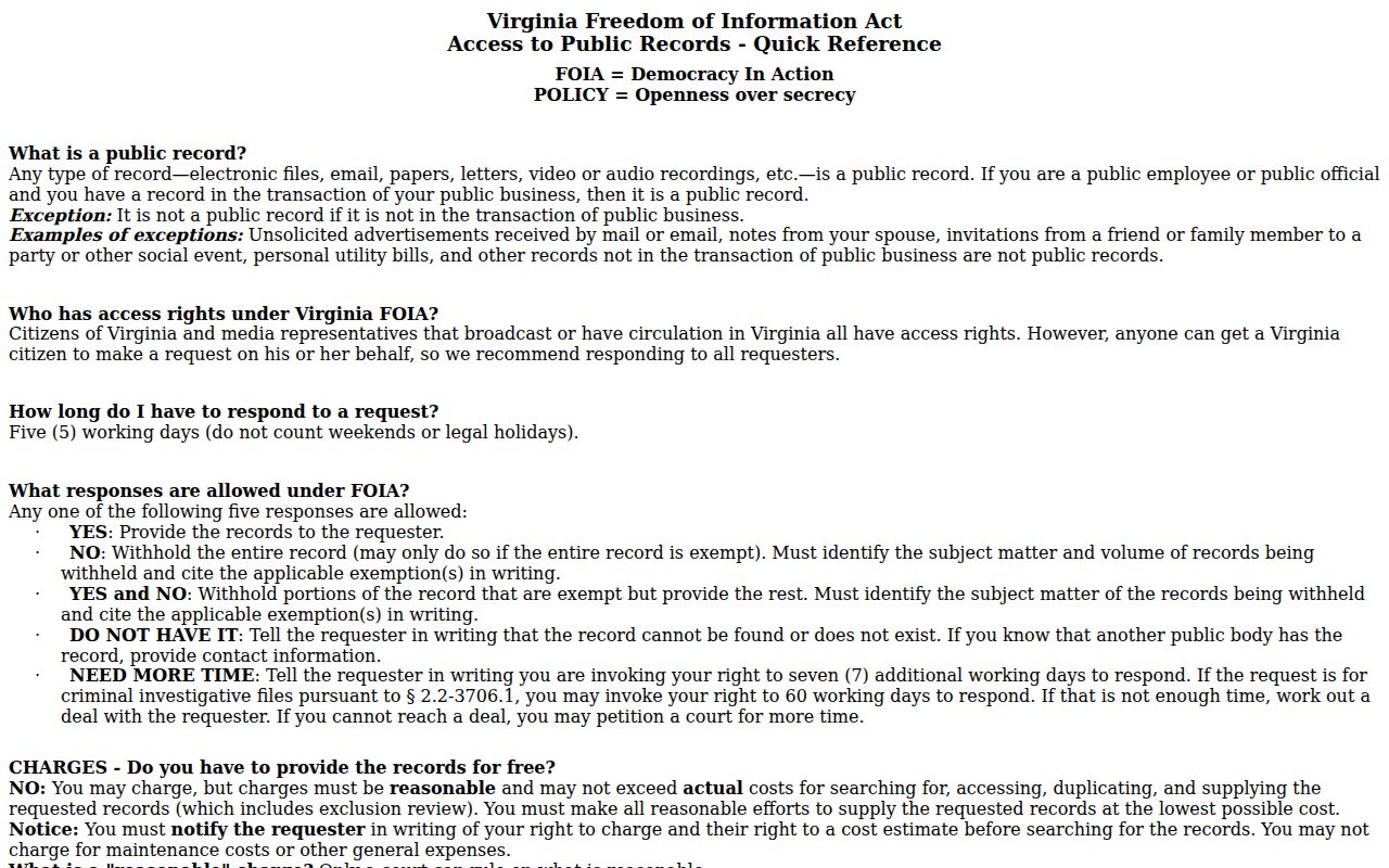 Manassas residents directory Virginia FOIA access reference