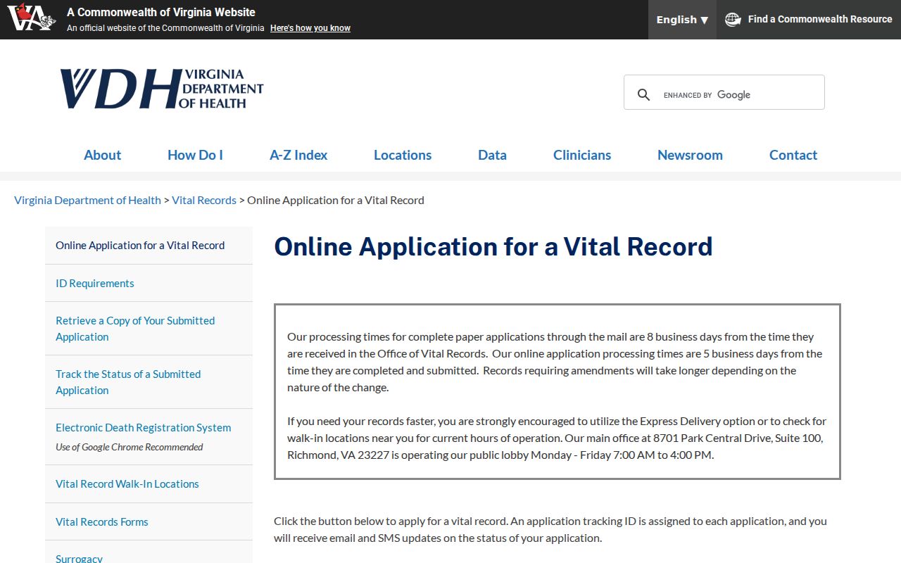 Manassas residents directory Virginia vital records application