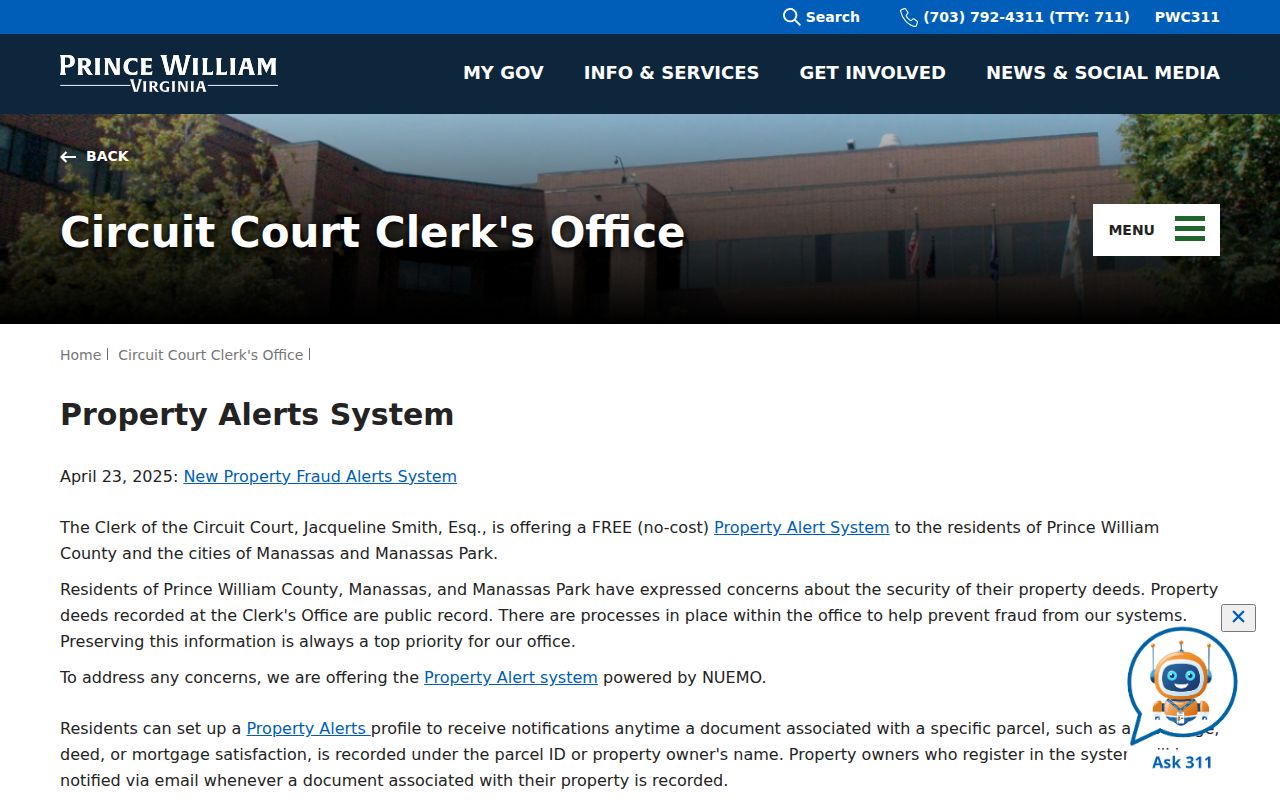 Manassas previous residents Property Alert System