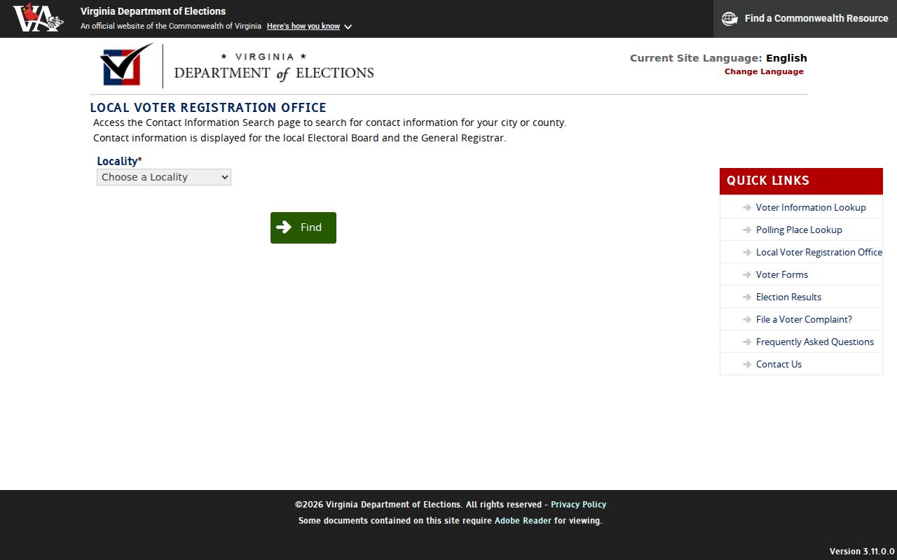 Manassas resident lookup through the Virginia local registrar contact selector