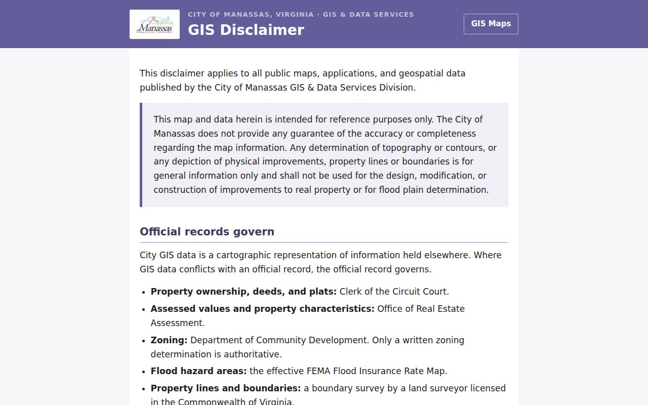 Manassas ZIP lookup City GIS disclaimer